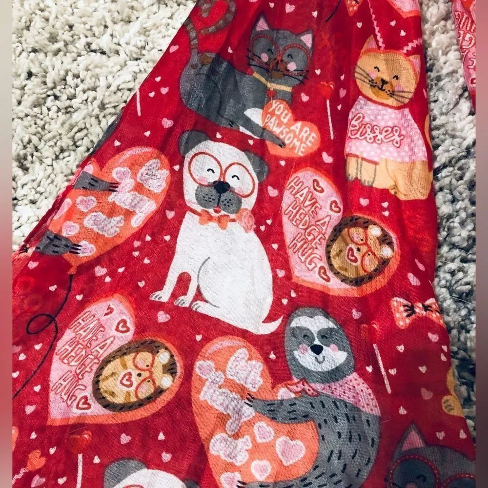 Valentine Animals Dog Cat Sloth Print Light Scarf